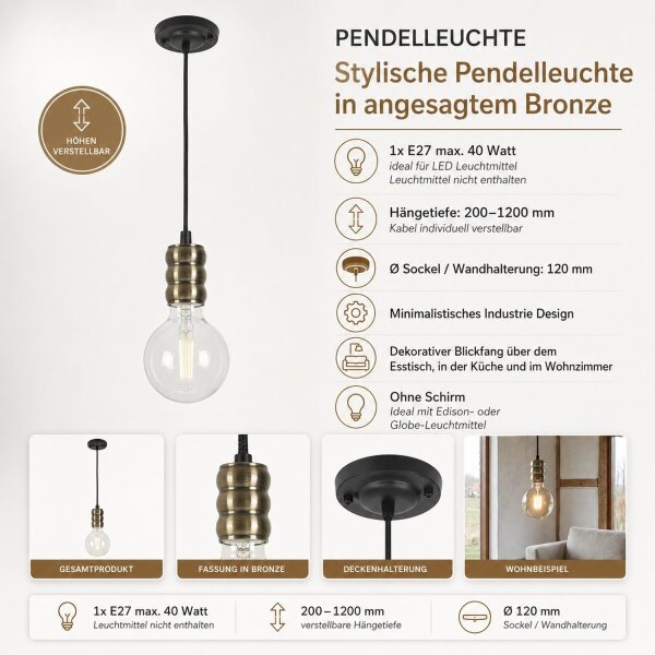Lampe à suspendre réglable Vintage E27 en bronze