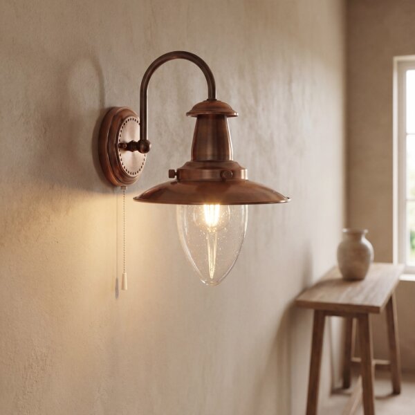 Wandleuchte Glas Metall Kupfer E27 Zugschalter Maritim