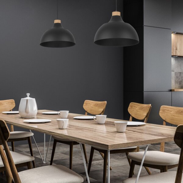 Lampe à suspendre noire déco bois ∅33cm salle à manger ronde