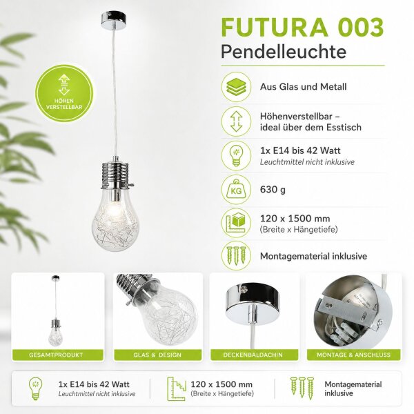 Lampe à suspendre verre métal design ampoule décoratif E14