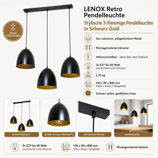 Suspension noir or 3 flammes E27 orientable