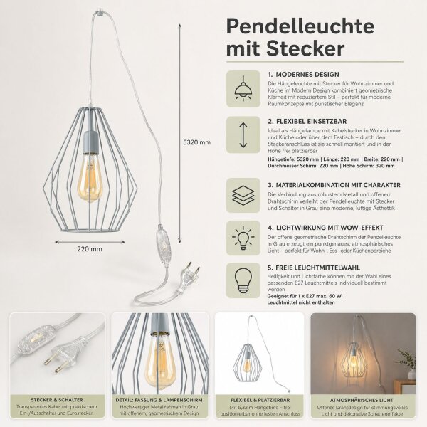 Hängelampe mit Stecker Kabel 5,5 m lang Grau flexibel