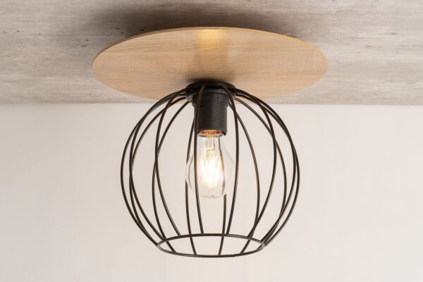 Deckenlampe Schwarz Natur E27 Holz Metall Kugelschirm