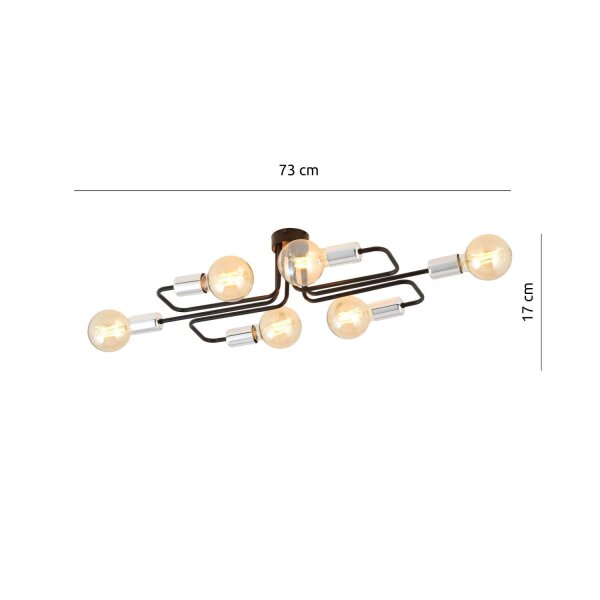 Plafonnier plat métal 6 flammes rétro 55 cm de long
