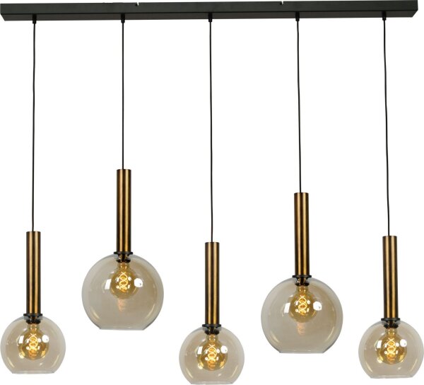 Lampe à suspendre noire laiton 5 flammes verre fumé métal