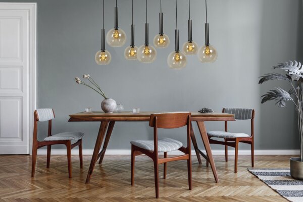 Lampe à suspendre noire laiton 5 flammes verre fumé métal
