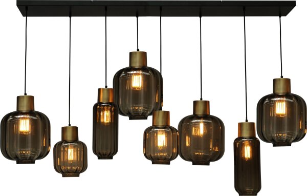 Grande lampe à suspendre 8 flammes noir or E27 métal verre
