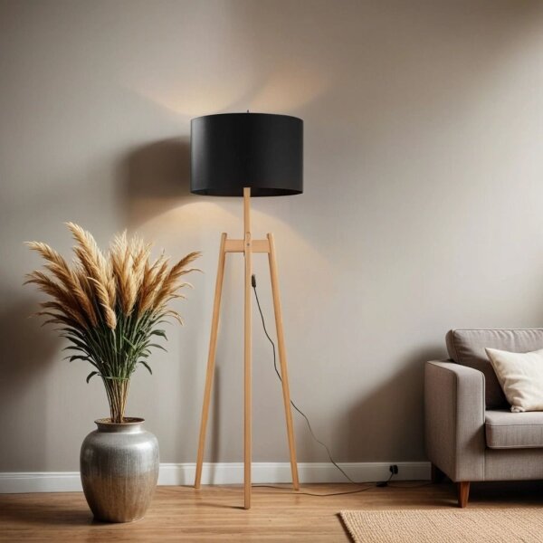 Lampadaire tripode Bois Tissu 168 cm E27 Naturel Noir