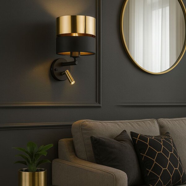 Wandleuchte mit Schalter Stoff Metall Schwarz Gold E27