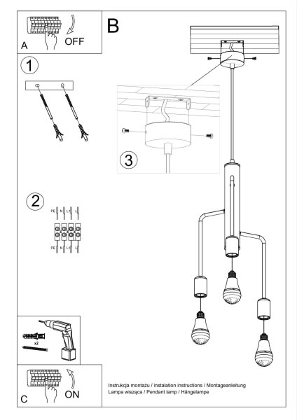 Suspension Noir Métal Rétro 3 feux E27 NERVIA