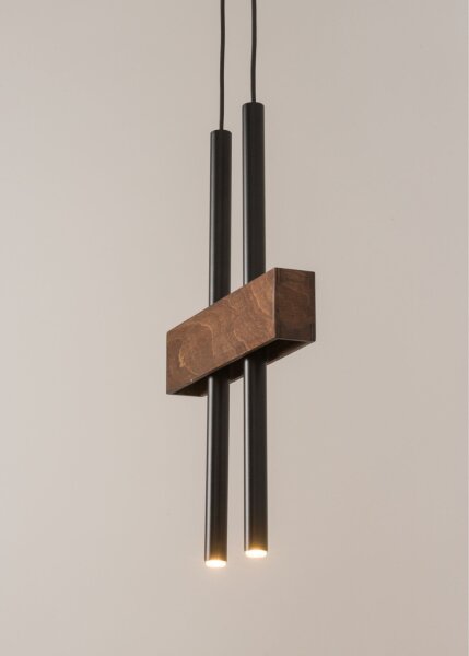 Longue lampe à suspendre métal bois noir 2 flammes 31 cm