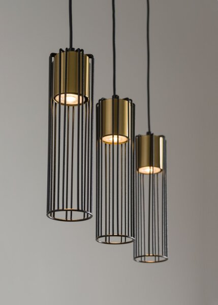 Lange Hängelampe Schwarz Gold 60 cm Zylinder 3-flammig