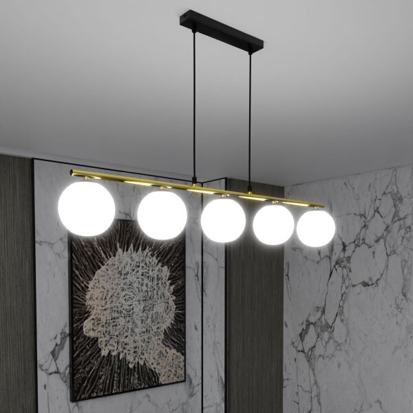 Suspension noir blanc or E14 verre métal 105 cm de long