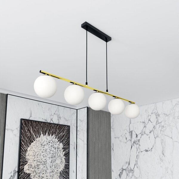 Suspension noir blanc or E14 verre métal 105 cm de long
