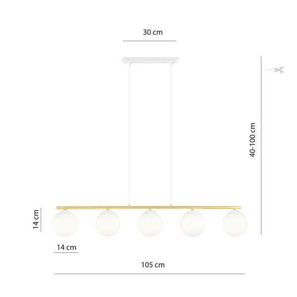 Pendelleuchte Weiß Gold 5x E14 Kugelschirm Glas Metall