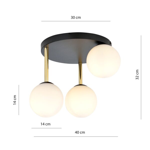 Deckenlampe Kugelschirme 3x E14 Schwarz Weiß Gold