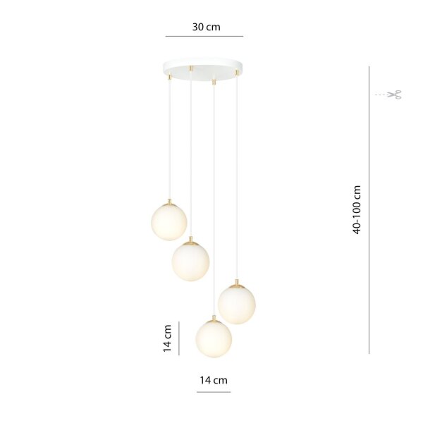 Suspension verre métal 4x E14 blanc or ajustable