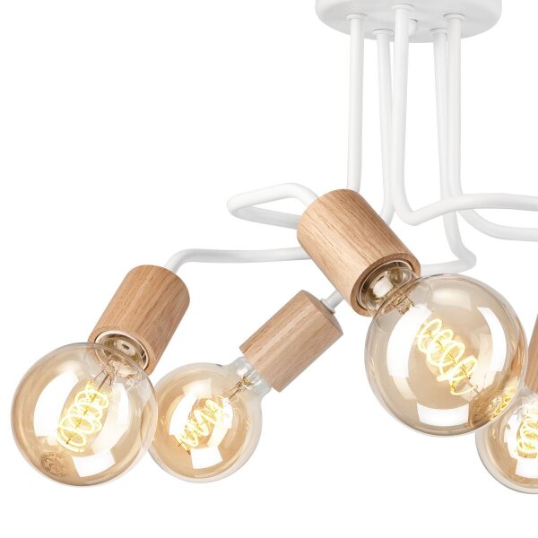 Plafonnier métal bois blanc 5 flammes E27 L : 44 cm Rétro