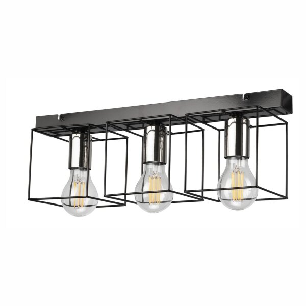 Lampe de plafond métal noir chrome 50 cm de long 3-flamme E27