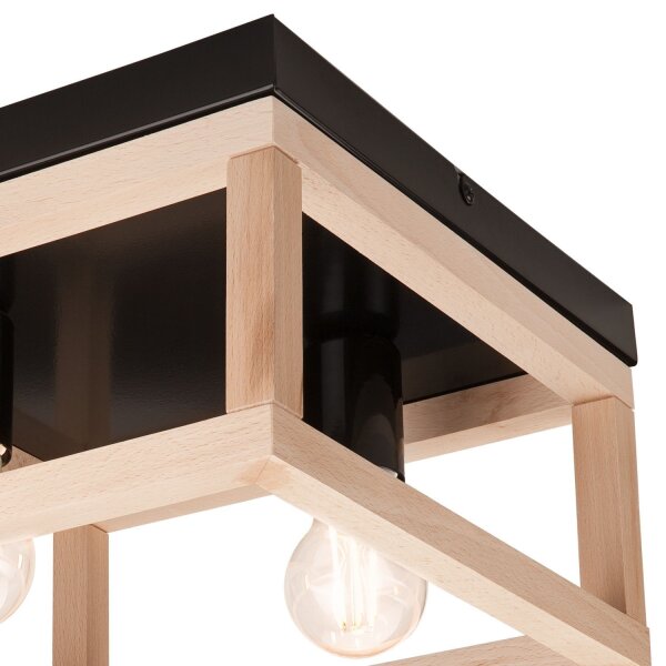 Deckenleuchte Schwarz Natur 2x E27 B: 30 cm eckig Holz Metall