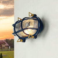 Wandlampe au&szlig;en IP64 Messing Riffelglas E27 Blau Maritim