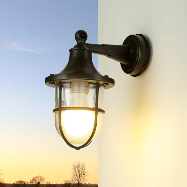 Lampe dextérieur maritime noir antique IP64 E27 verre cannelé laiton