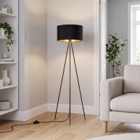 Lampadaire tripode E27 156 cm en noir or métal tissu