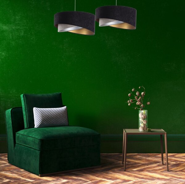 Suspension ronde Ø 50 cm E27 tissu noir or gris argent