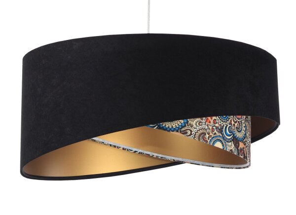 Lampe à suspendre ronde D : 50 cm E27 Abat-jour en tissu noir multicolore or