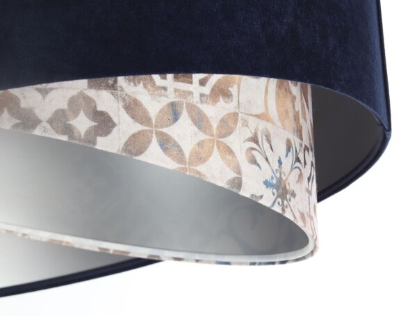 Hängeleuchte Stoff D: 50 cm Velours Optik Blau Beige Silber