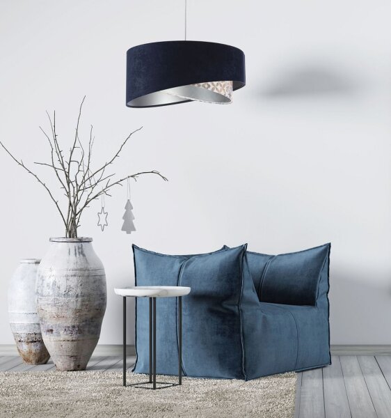 Hängeleuchte Stoff D: 50 cm Velours Optik Blau Beige Silber