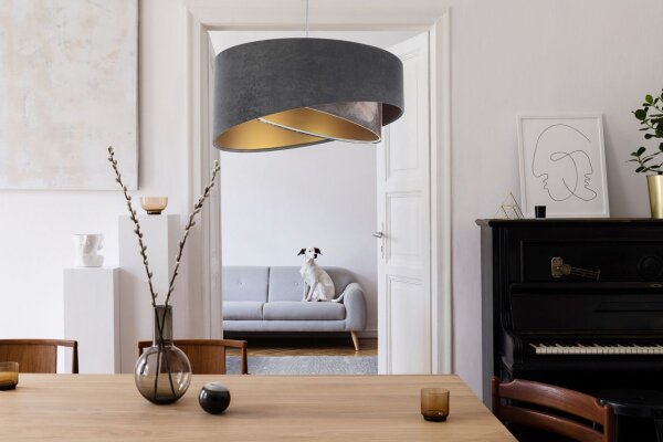Hängelampe Grau Gold E27 Stoffschirm Ø 50 cm Modern KARIM