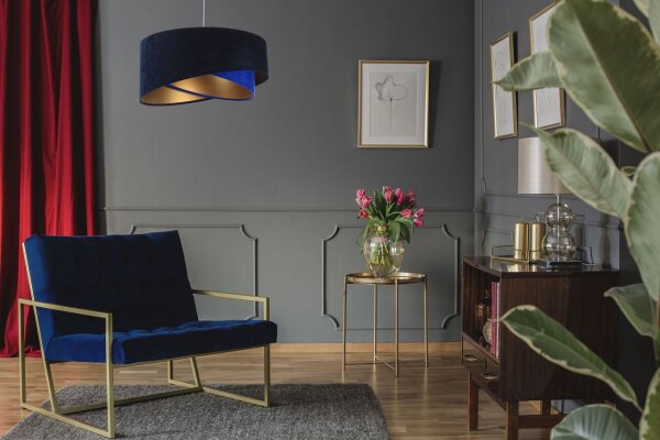 Hängelampe Blau Gold E27 Ø 50 cm Stoff Schirm Veloursoptik