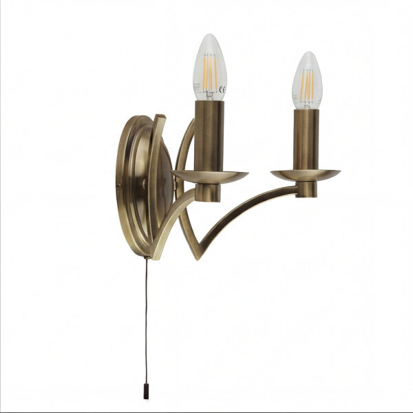 Wandlampe mit Schalter E14 in Messing Antik 2-flammig