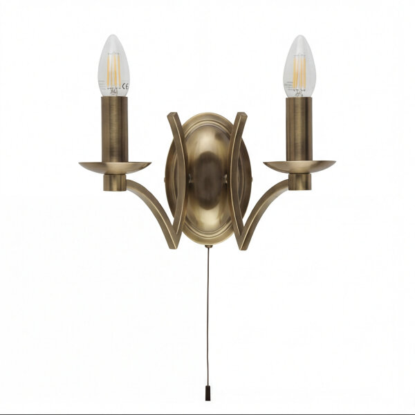 Wandlampe mit Schalter E14 in Messing Antik 2-flammig