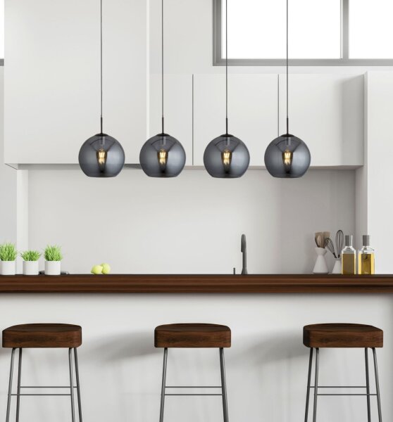 Hängeleuchte 4-flammig Schwarz Rauchgrau E27 Glas Retro