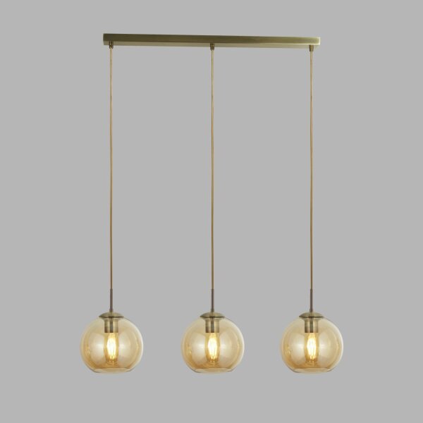 Pendelleuchte 3-flammig in Messing Antik Bernstein E27