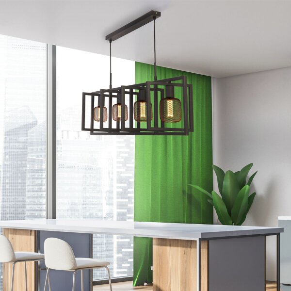 Lampe suspendue 4 flammes E27 noir métal design rétro