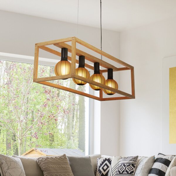 Lampe à suspendre 4 flammes E27 Naturel Noir Bambou Bois Métal