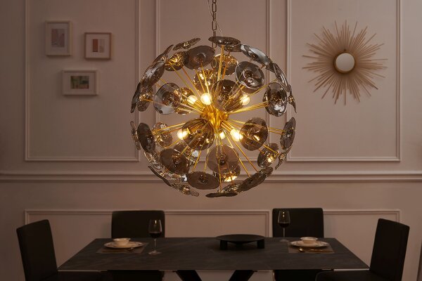 Ronde lampe à suspendre boule verre métal 5-flamme en or