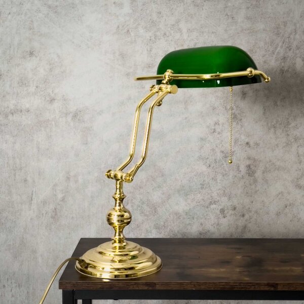 Lampe de banquier Interrupteur à tirette 38 cm E27 laiton verre vert