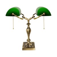 Bankerlampe 42,5 cm 2-flammig E27 Echt-Messing Zugschalter
