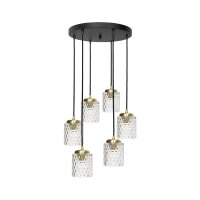 Pendelleuchte Messing Eisen Glas 6x E27 in Schwarz Klar