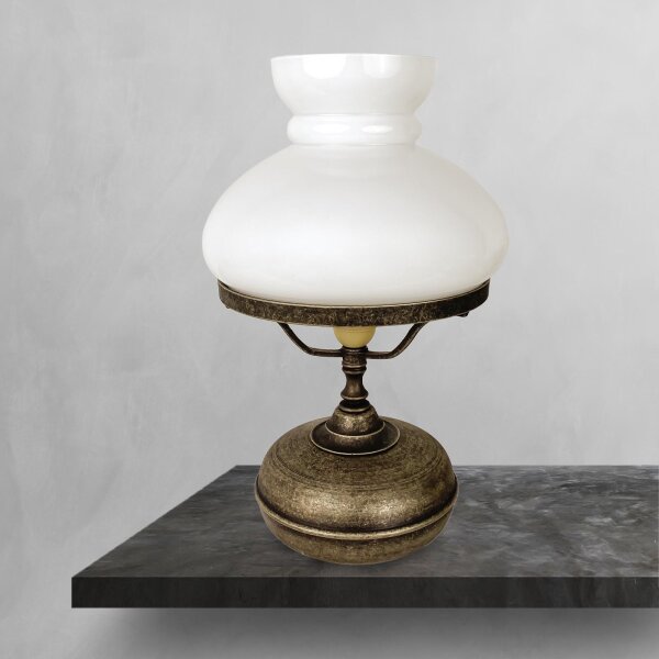 Lampe de table laiton verre 36,5 cm en bronze antique blanc E14