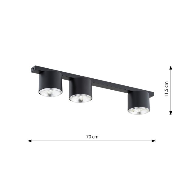 Plafonnier métal 70 cm de long Noir 3 feux GU10 AR111