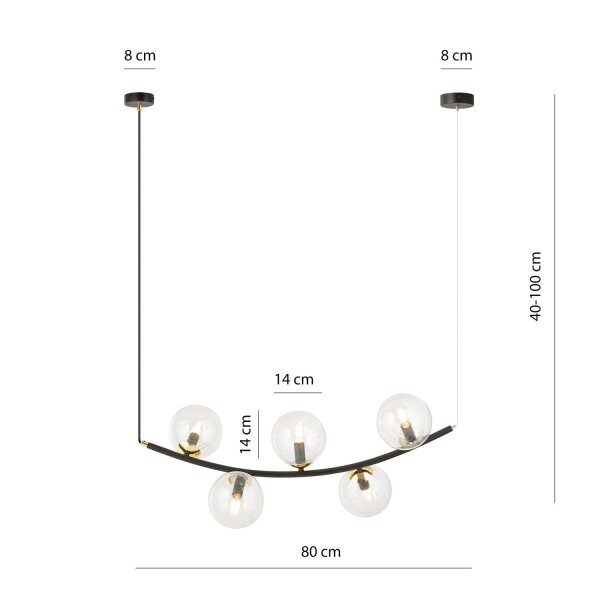 Lampe à suspendre verre métal L : 80 cm en noir or E14 5 flammes