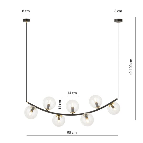Lampe à suspendre verre métal L : 95 cm H : max. 100 cm 7x E14