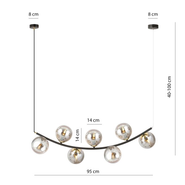 Lampe à suspendre métal verre fumé L : 95 cm H : max. 100 cm 7x E14