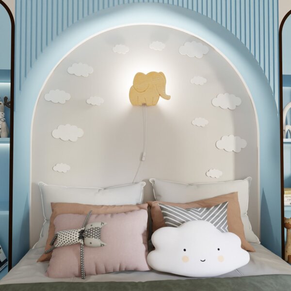 Lampe murale chambre denfant bois avec prise interrupteur éléphant E14