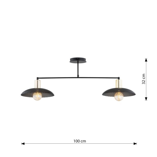 Plafonnier métal 100 cm de long noir or E27 2 flammes
